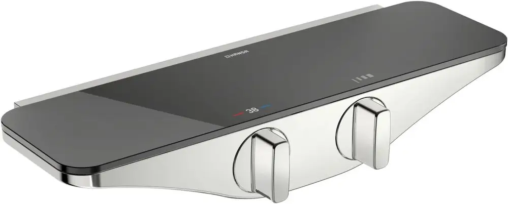 Brausebatterie von HANSA mit einem eleganten Design in Chrom und Grau, ausgestattet mit zwei Drehknöpfen zur Temperatur- und Wassermengenregulierung.